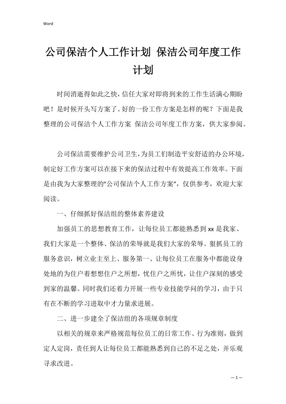 公司保洁个人工作计划 保洁公司年度工作计划.docx_第1页