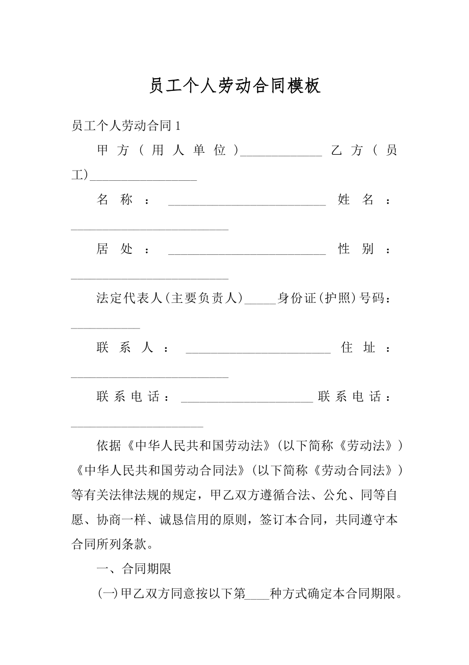 员工个人劳动合同模板精编.docx_第1页