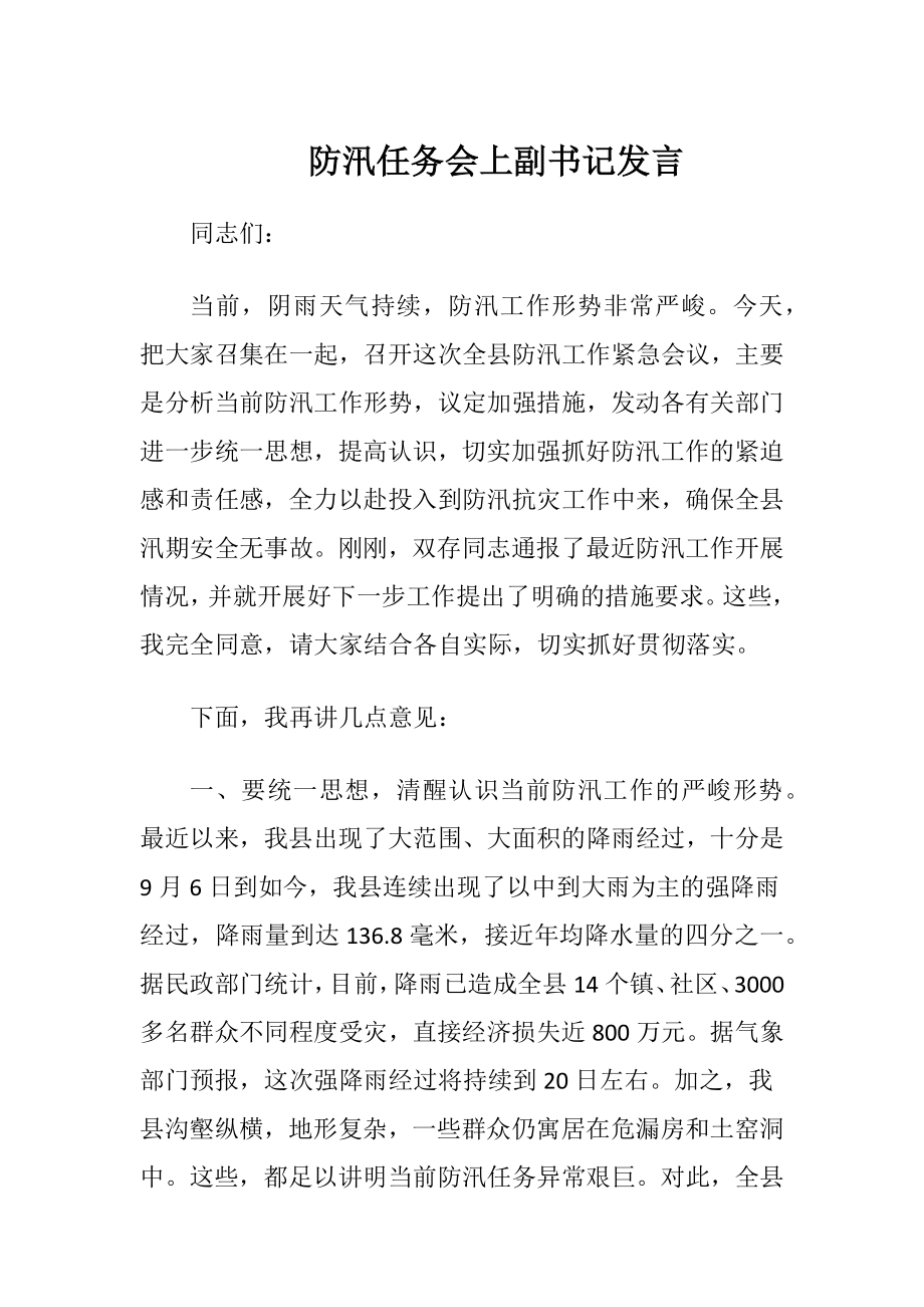 防汛任务会上副书记发言.docx_第1页