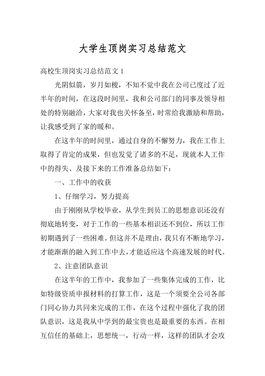 大学生顶岗实习总结范文精品.docx_第1页