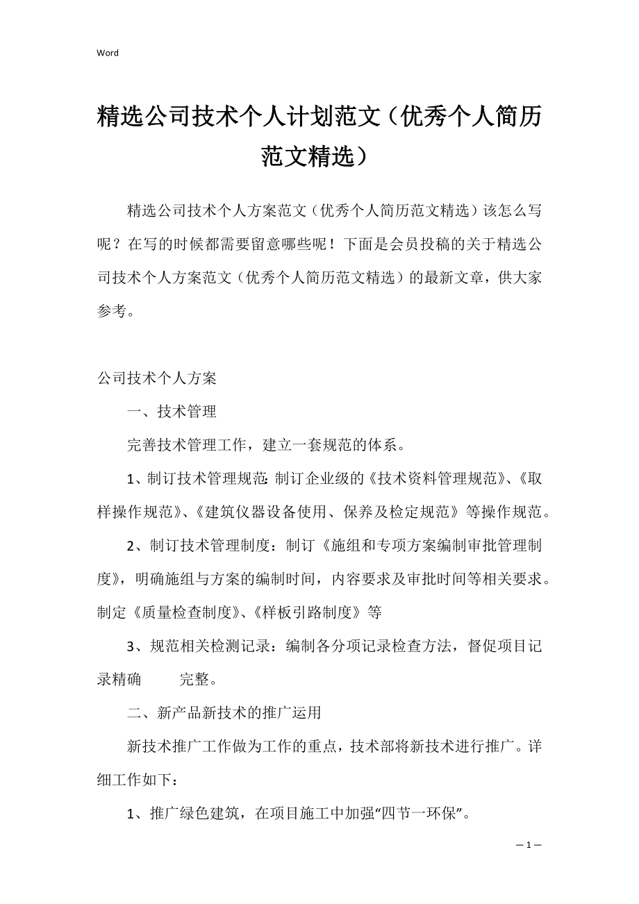 精选公司技术个人计划范文（优秀个人简历范文精选）.docx_第1页