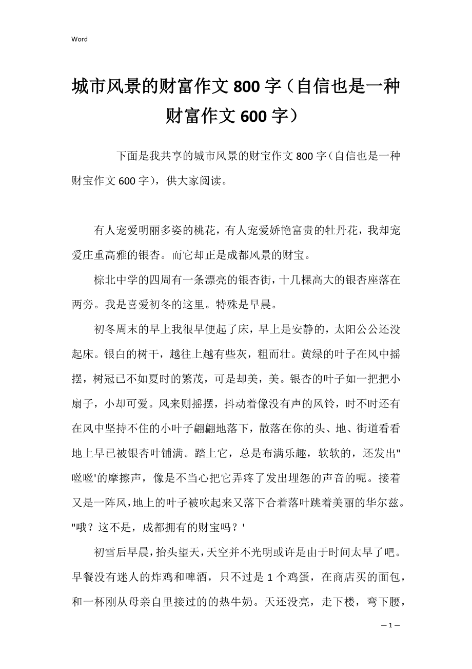 城市风景的财富作文800字（自信也是一种财富作文600字）.docx_第1页