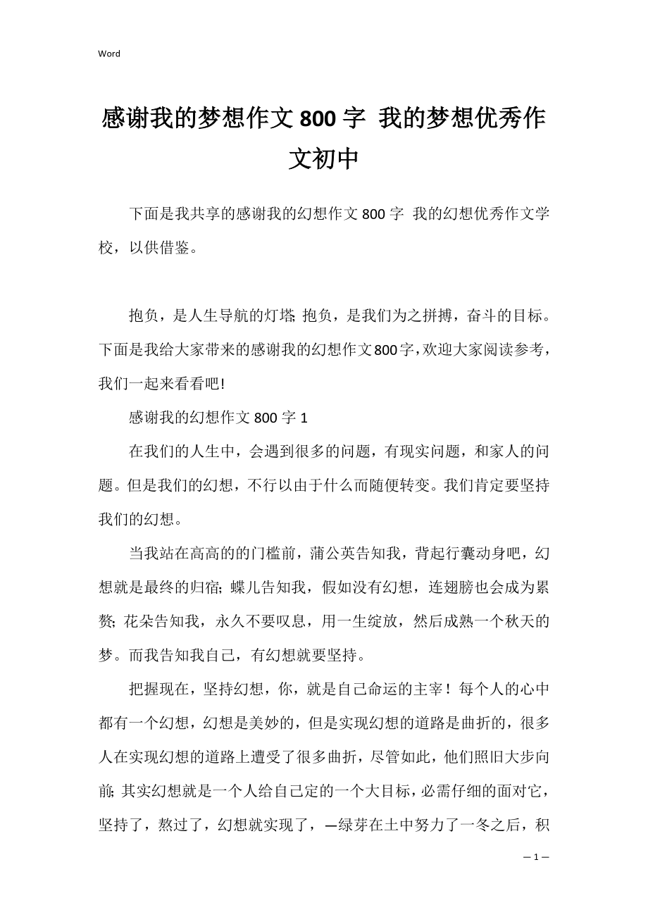 感谢我的梦想作文800字 我的梦想优秀作文初中.docx_第1页