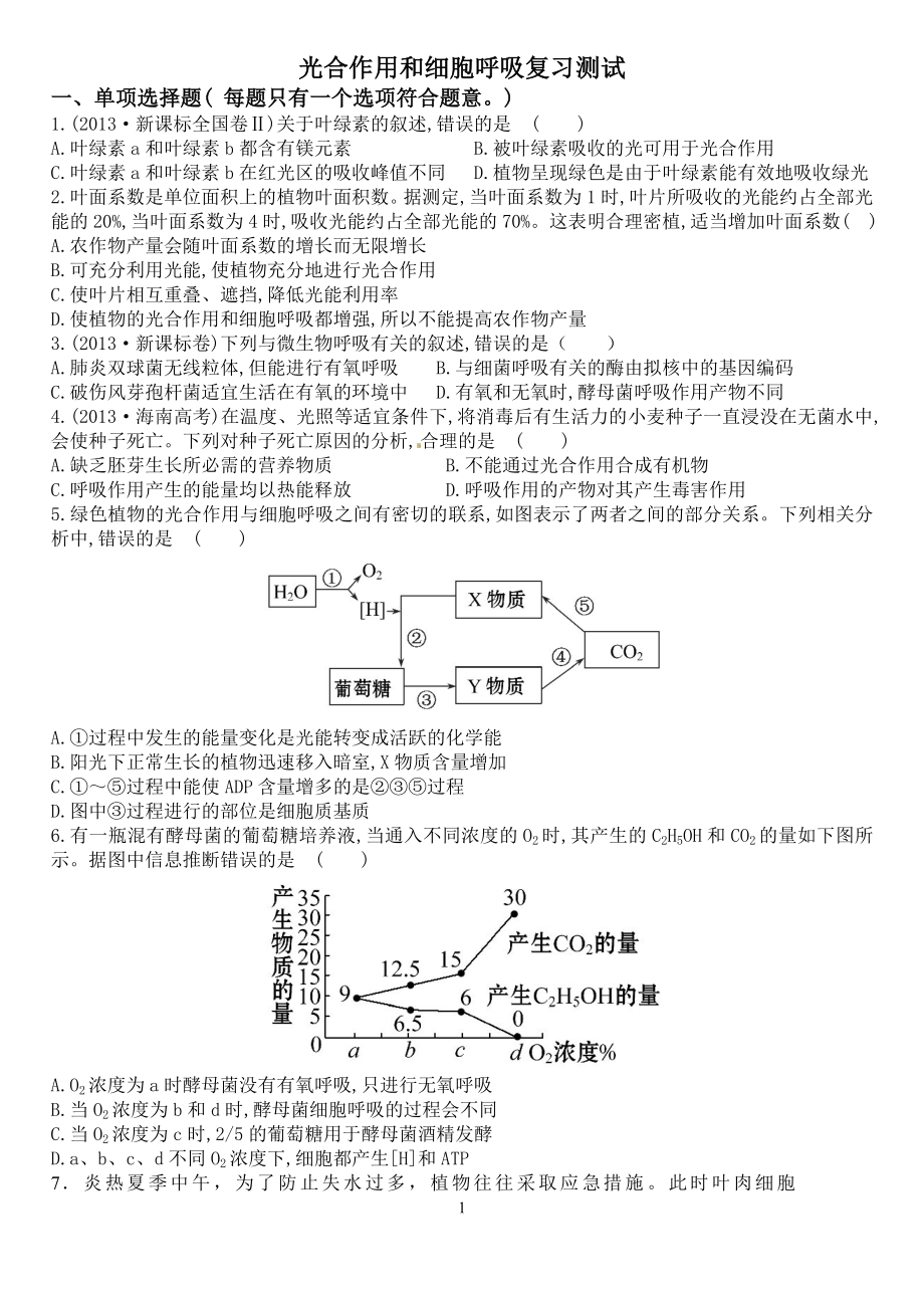 光合作用和细胞呼吸复习测试题.doc_第1页