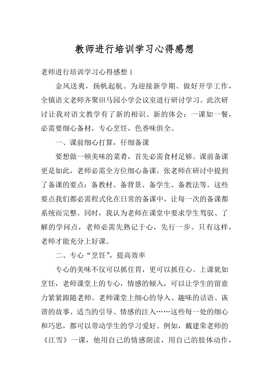 教师进行培训学习心得感想精编.docx_第1页