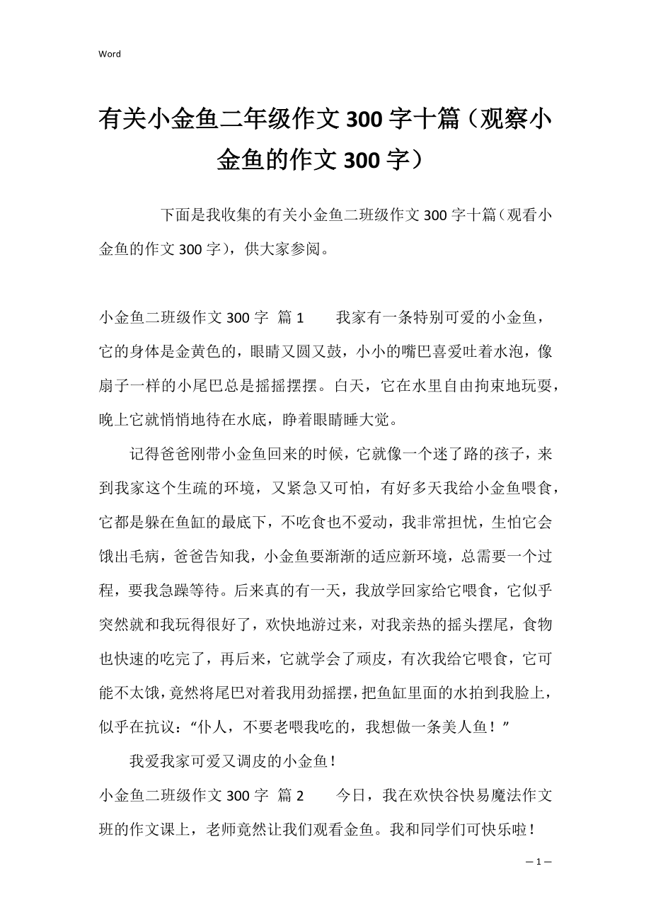 有关小金鱼二年级作文300字十篇（观察小金鱼的作文300字）.docx_第1页