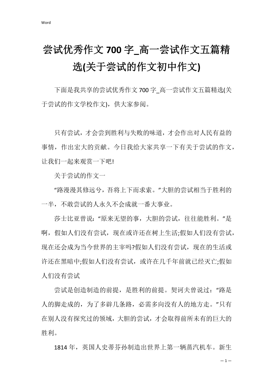 尝试优秀作文700字_高一尝试作文五篇精选(关于尝试的作文初中作文).docx_第1页