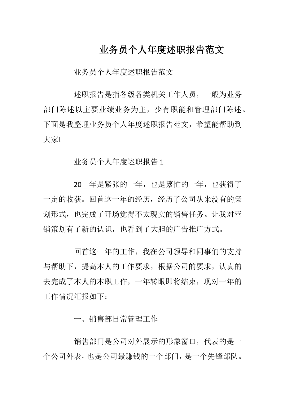 业务员个人年度述职报告范文_1.docx_第1页