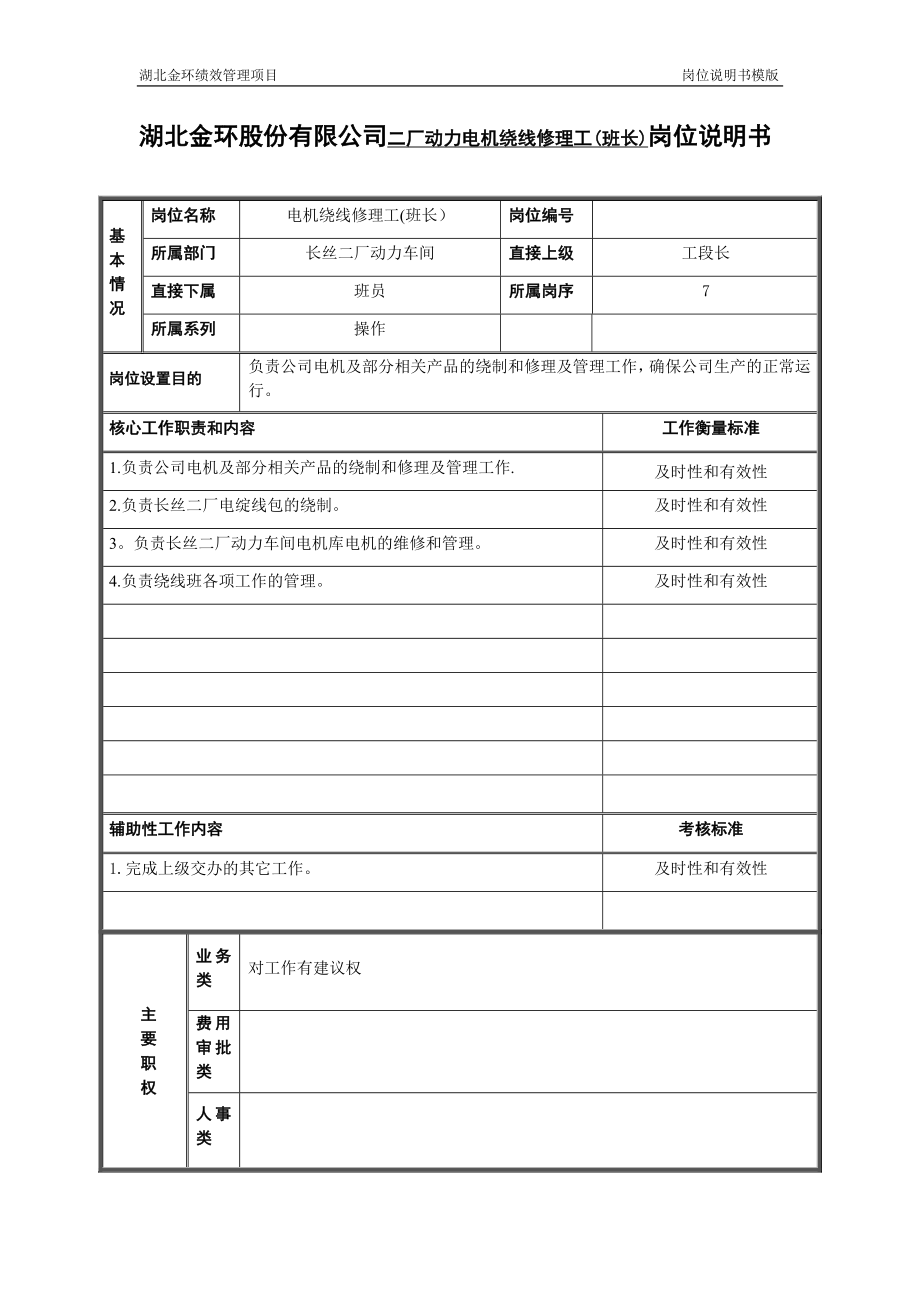 二厂动力车间电机绕线修理工(班长)岗位说明书.doc_第1页