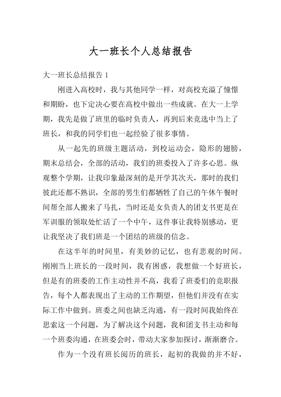 大一班长个人总结报告精编.docx_第1页