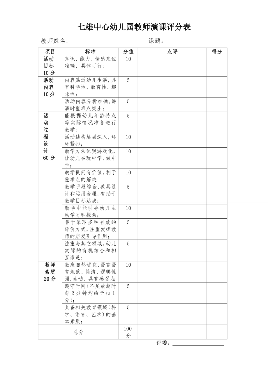 中心幼儿园教师演课评分表.doc_第1页