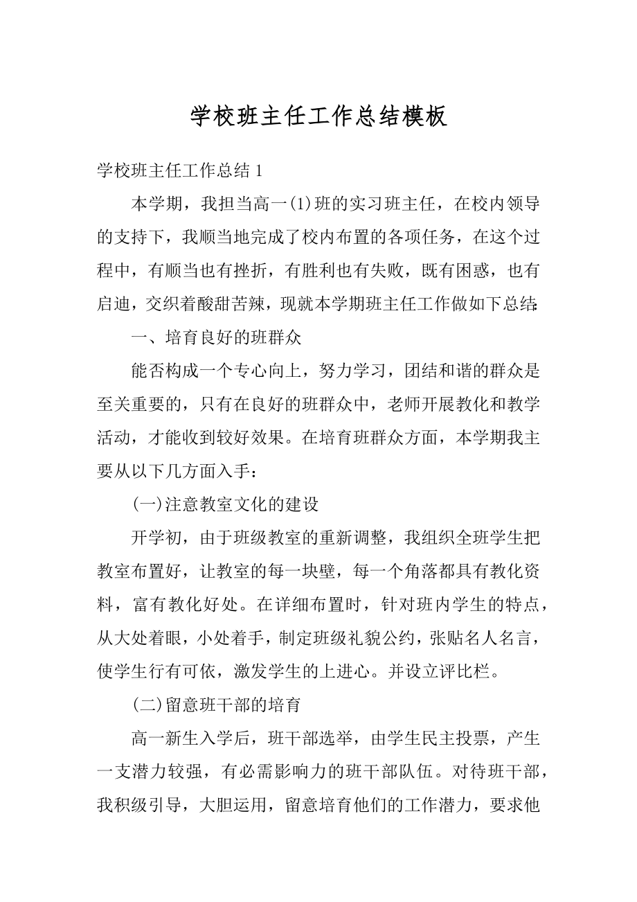 学校班主任工作总结模板精编.docx_第1页