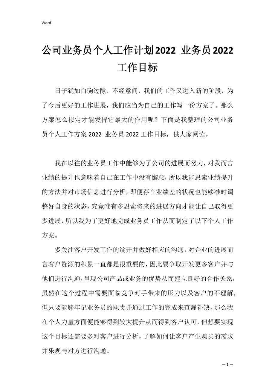 公司业务员个人工作计划2022 业务员2022工作目标.docx_第1页