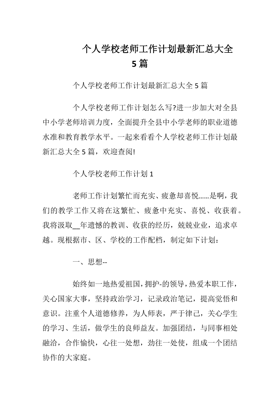 个人学校老师工作计划最新汇总大全5篇.docx_第1页