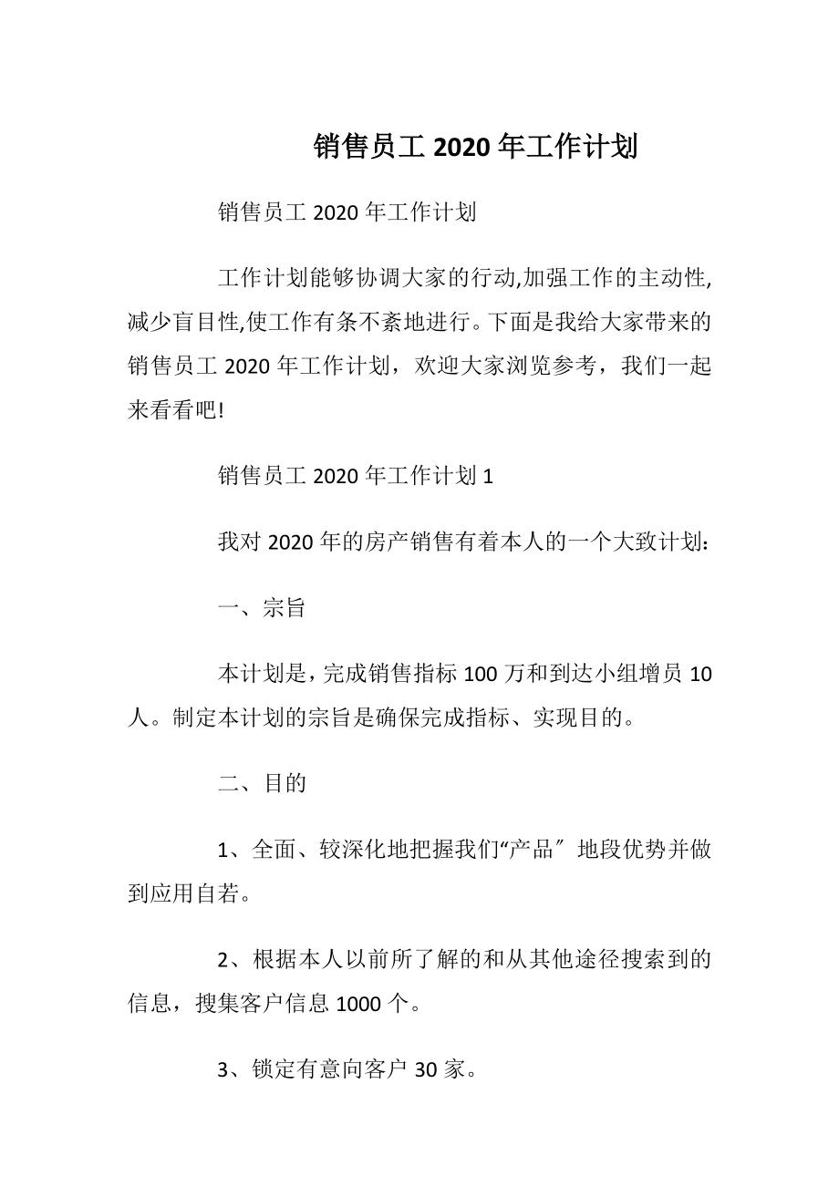 销售员工2020年工作计划.docx_第1页