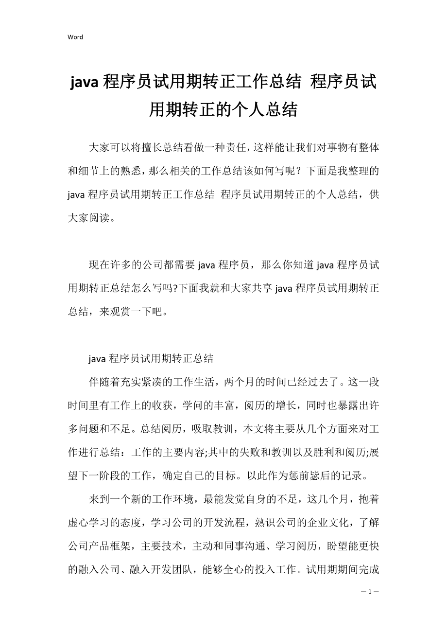 java程序员试用期转正工作总结 程序员试用期转正的个人总结.docx_第1页