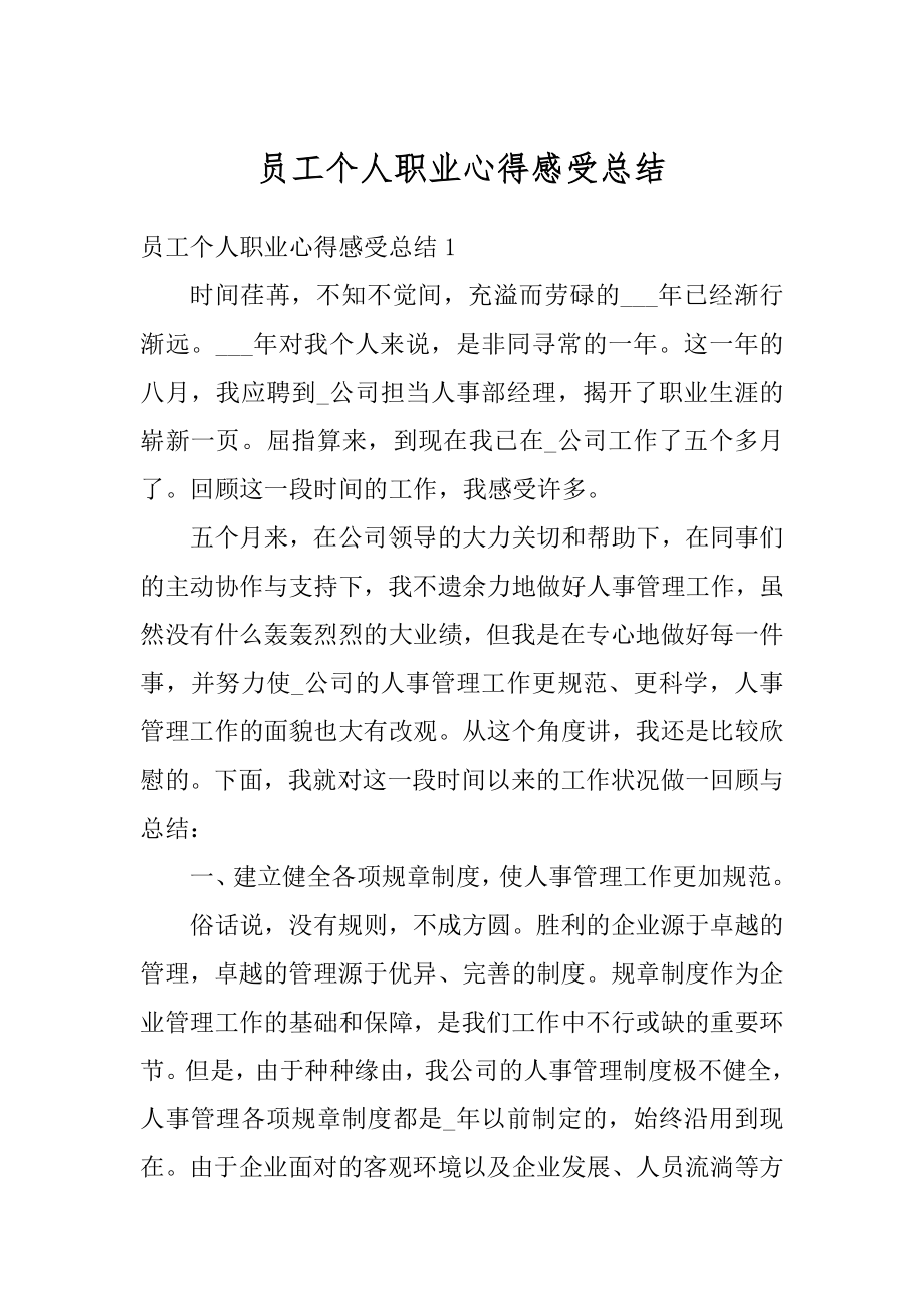 员工个人职业心得感受总结精编.docx_第1页