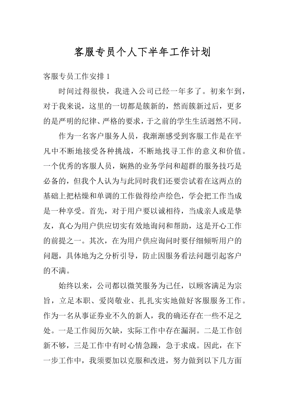 客服专员个人下半年工作计划范文.docx_第1页