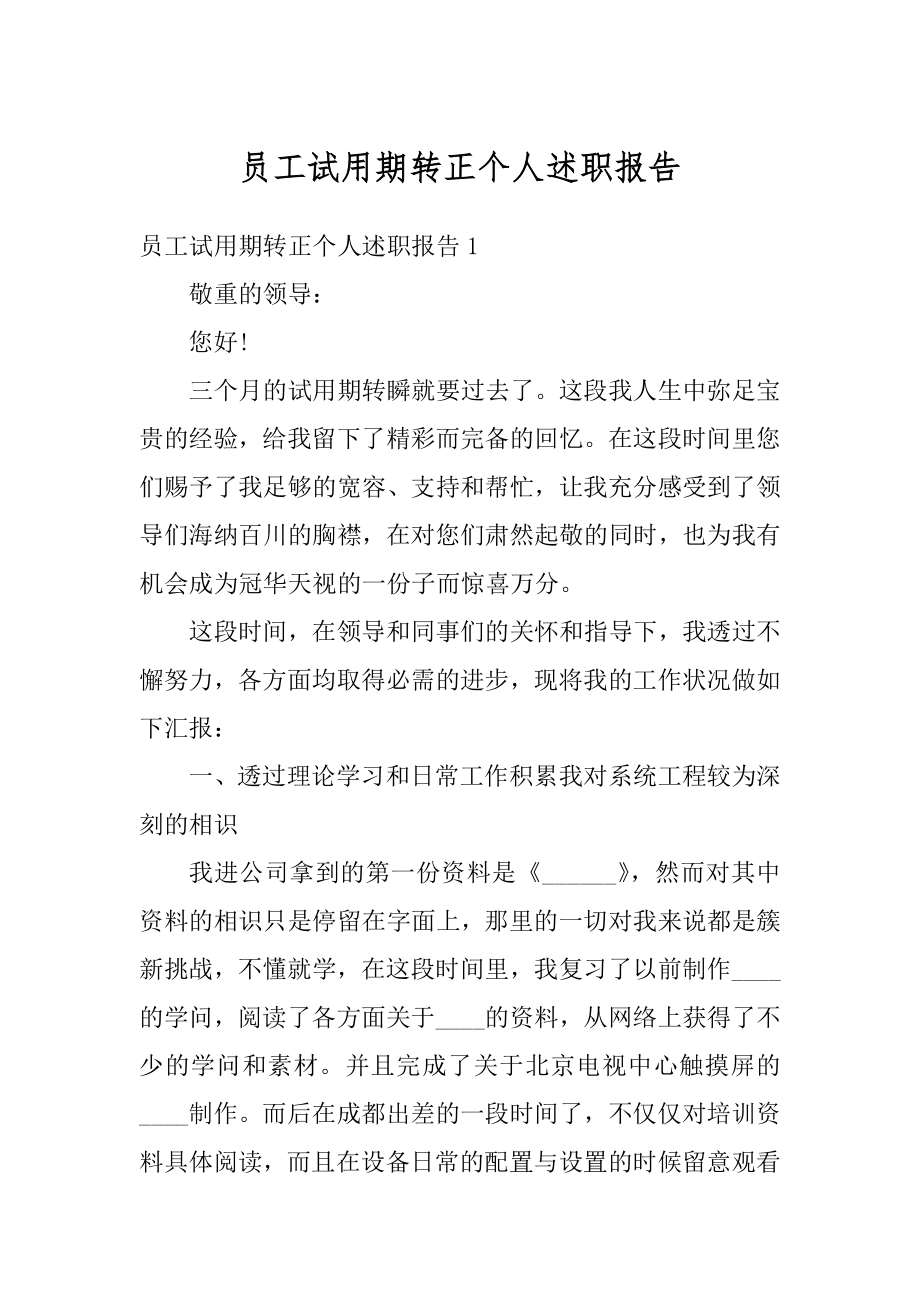 员工试用期转正个人述职报告范例.docx_第1页