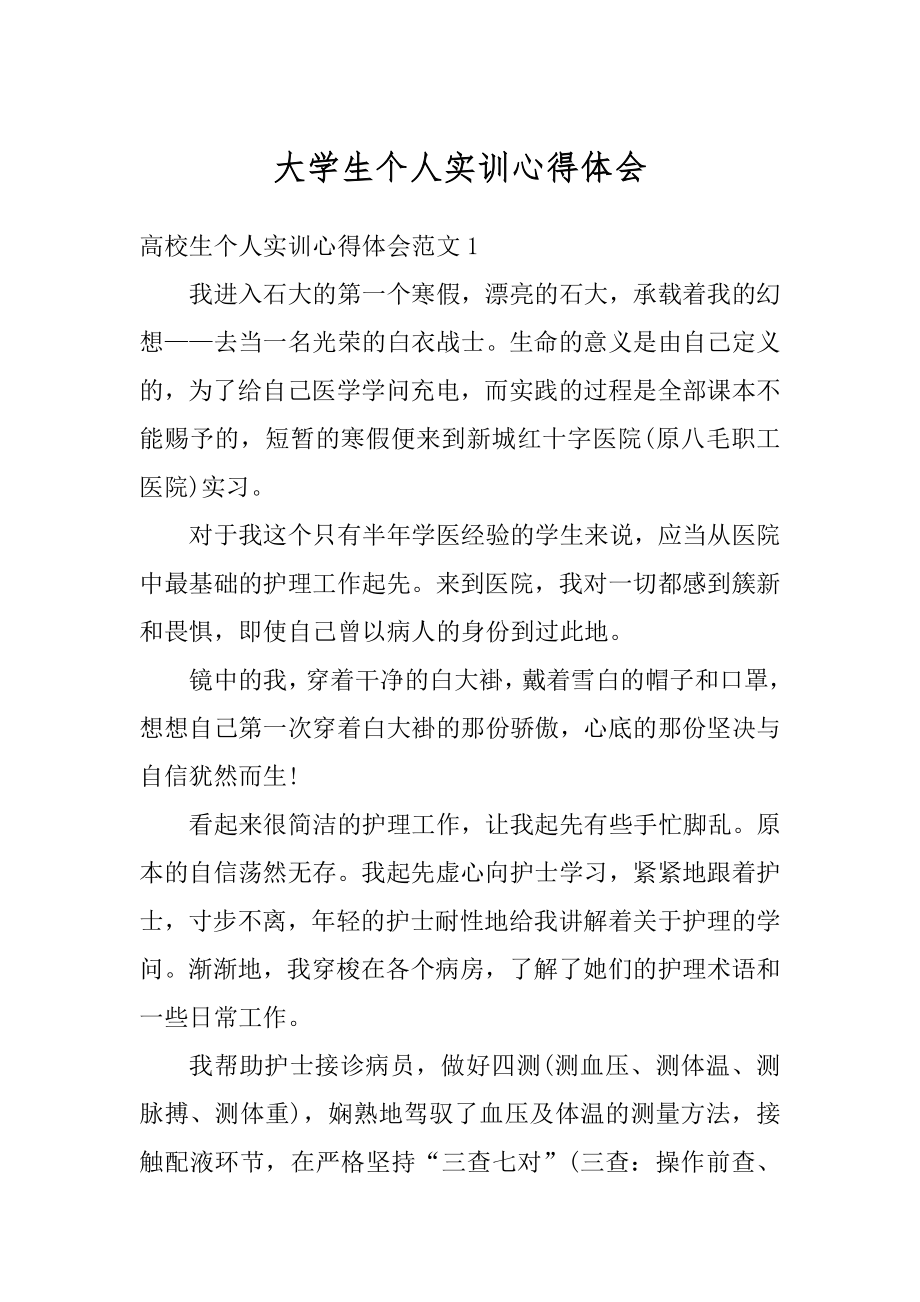 大学生个人实训心得体会精选.docx_第1页