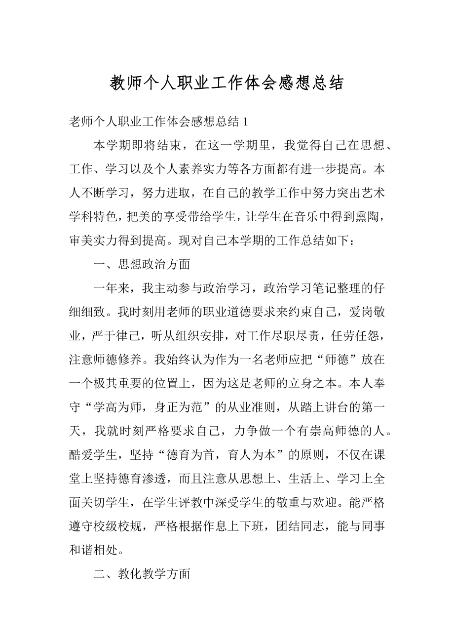 教师个人职业工作体会感想总结精品.docx_第1页