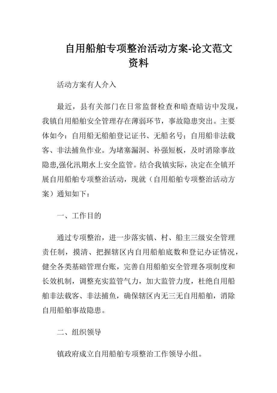 自用船舶专项整治活动方案 - 论文范文资料（精品）.docx_第1页