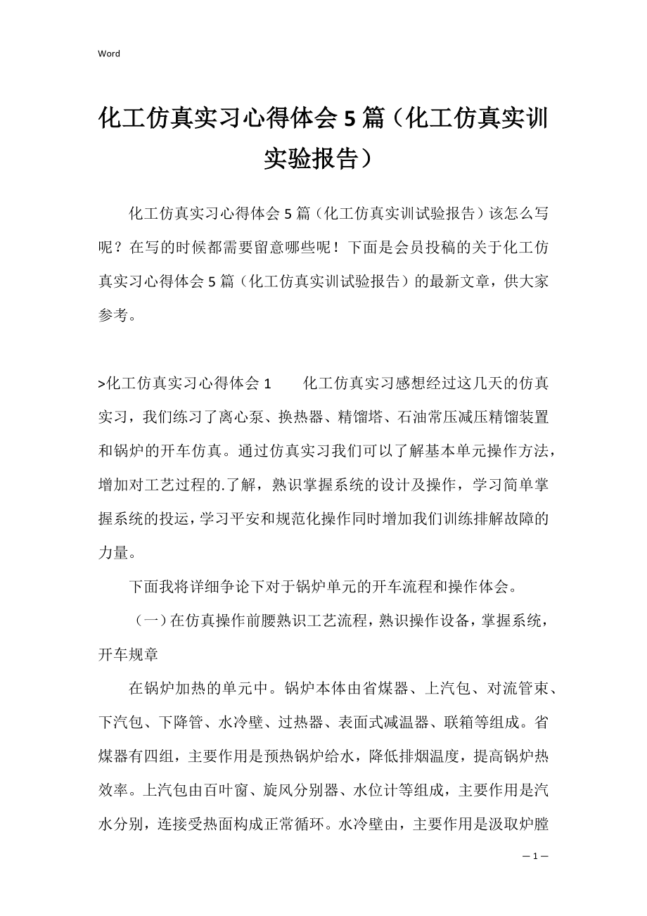 化工仿真实习心得体会5篇（化工仿真实训实验报告）.docx_第1页