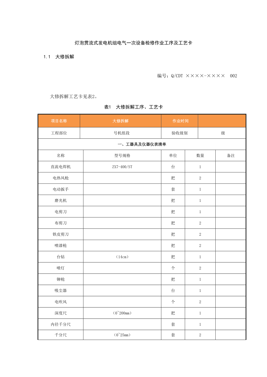 灯泡贯流式发电机组电气一次设备检修作业工序及工艺卡.doc_第1页