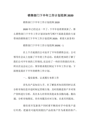 销售部门下半年工作计划范例2020.docx