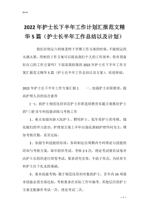 2022年护士长下半年工作计划汇报范文精华5篇（护士长半年工作总结以及计划）.docx