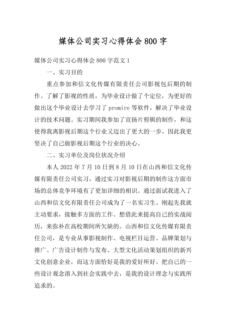 媒体公司实习心得体会800字精选.docx_第1页