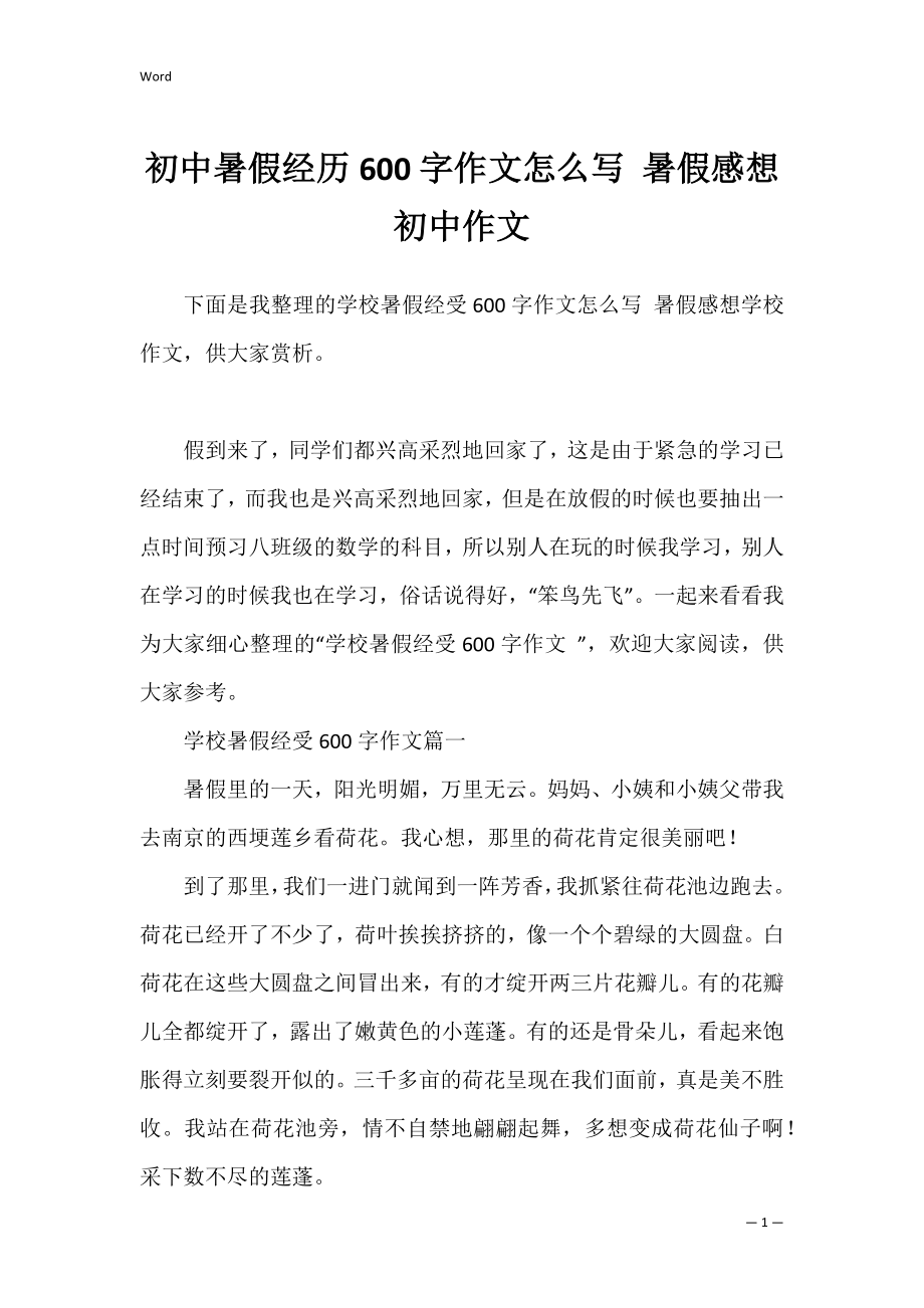 初中暑假经历600字作文怎么写 暑假感想初中作文.docx_第1页