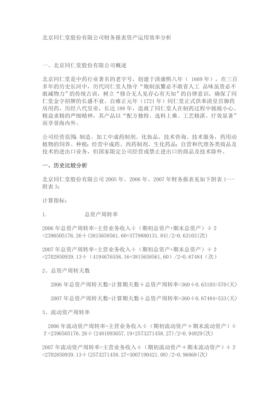 北京同仁堂股份有限公司财务报表资产运用效率分析.docx_第1页