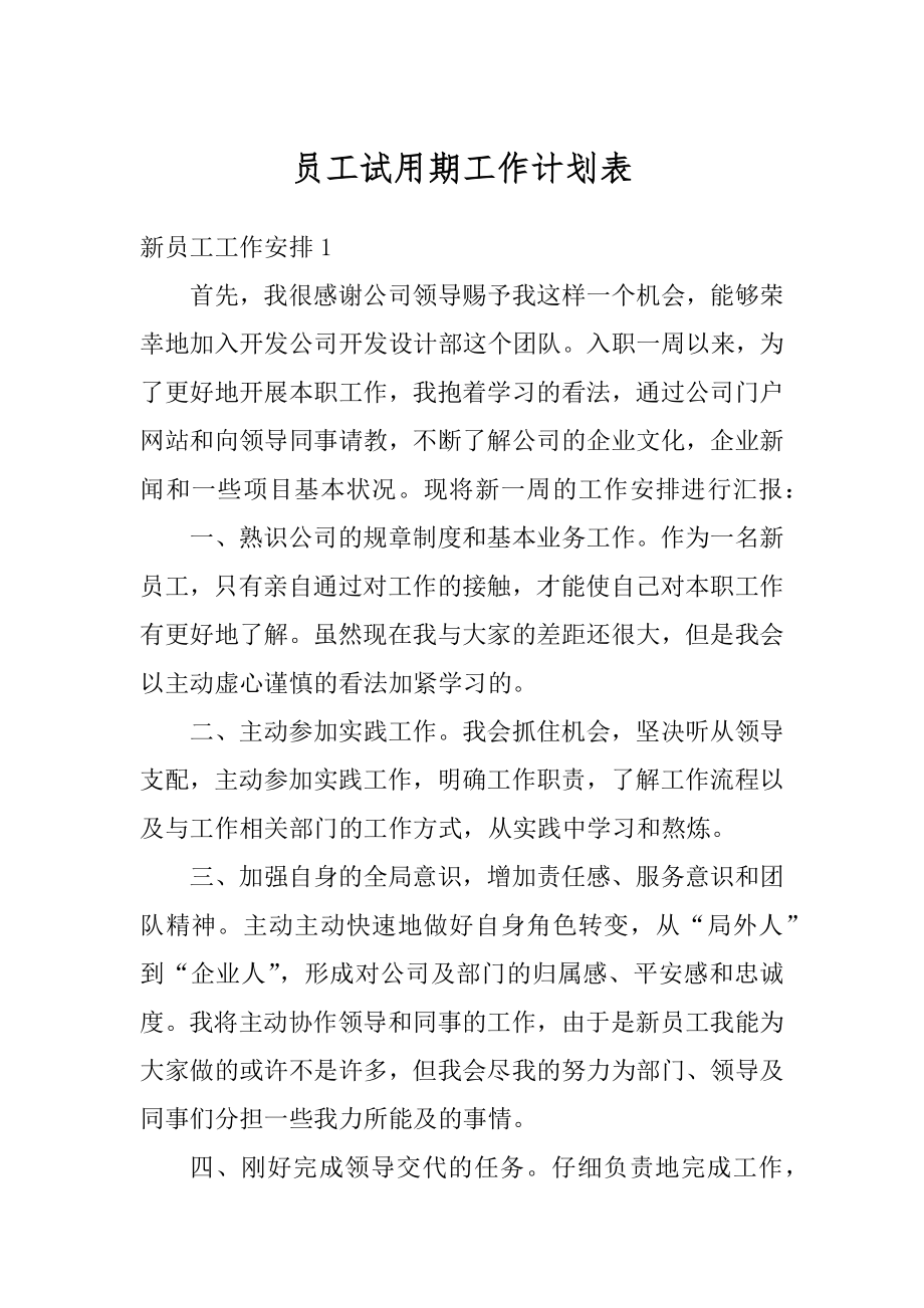 员工试用期工作计划表精选.docx_第1页