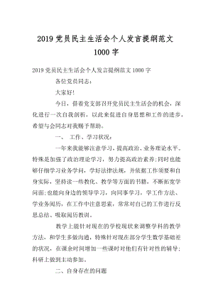 2019党员民主生活会个人发言提纲范文1000字最新.docx