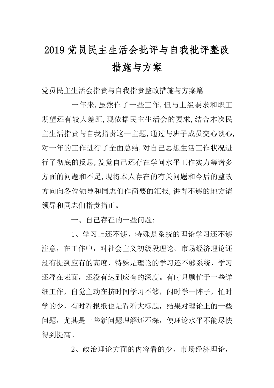 2019党员民主生活会批评与自我批评整改措施与方案范本.docx_第1页