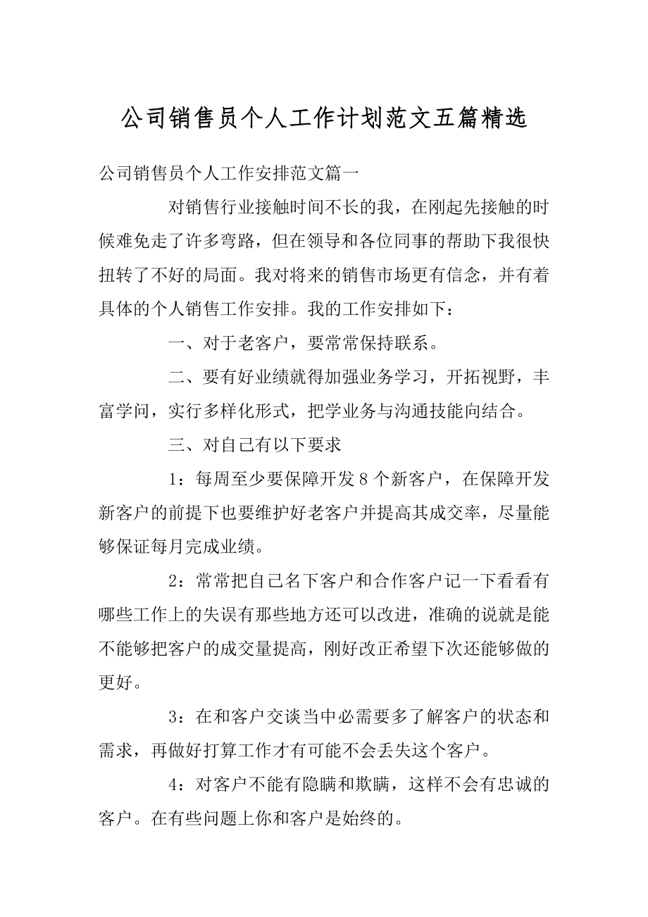 公司销售员个人工作计划范文五篇精选优质.docx_第1页