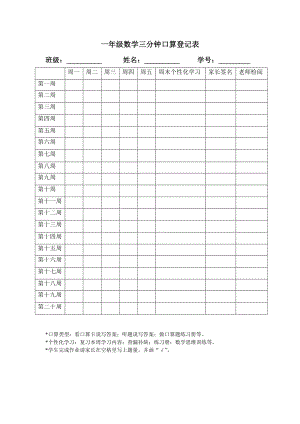 一年级数学三分钟口算登记表.doc