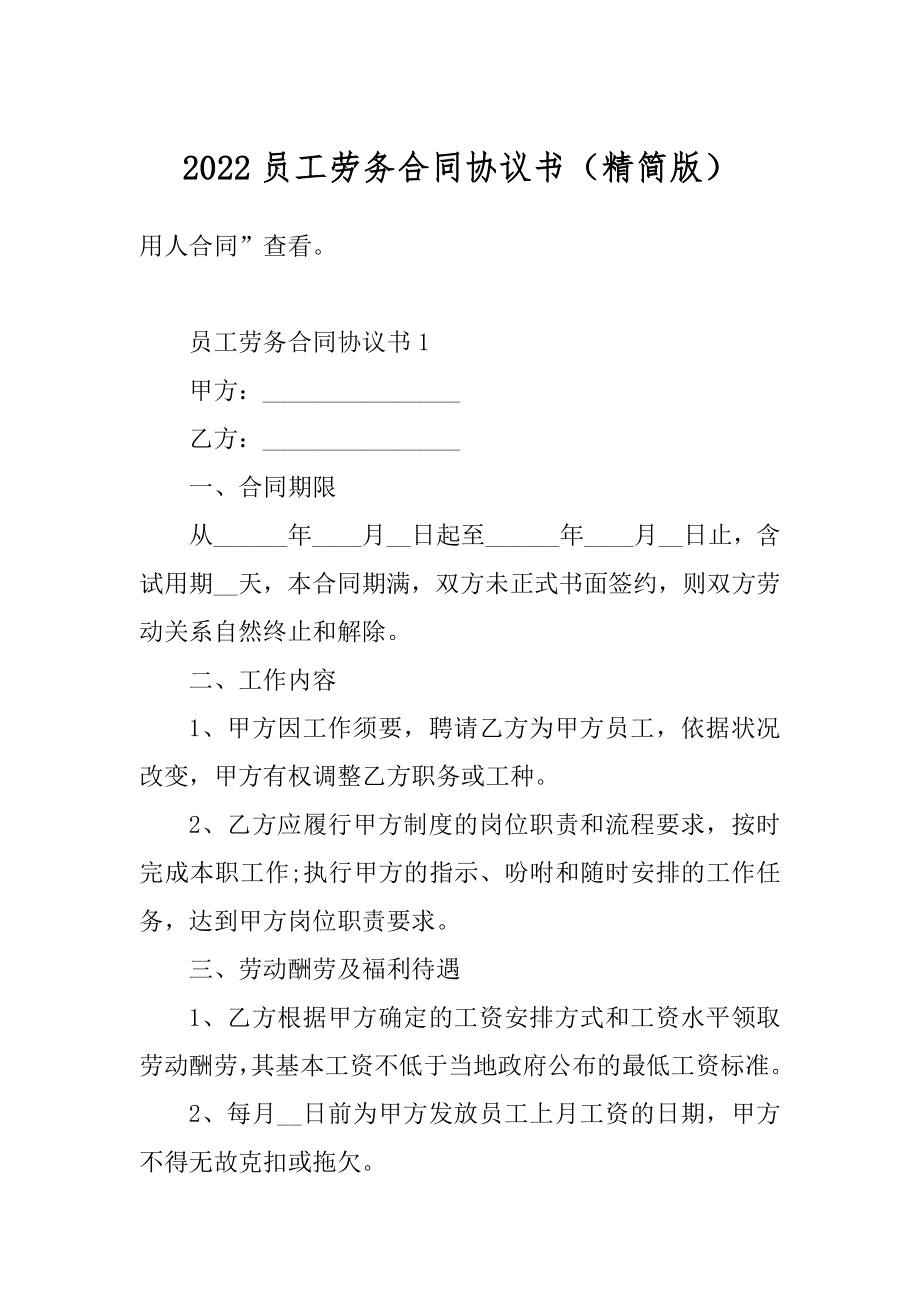 2022员工劳务合同协议书（精简版）汇总.docx_第1页