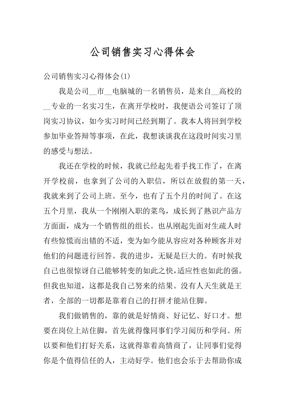 公司销售实习心得体会精编.docx_第1页