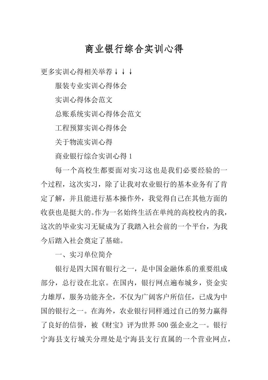 商业银行综合实训心得范例.docx_第1页