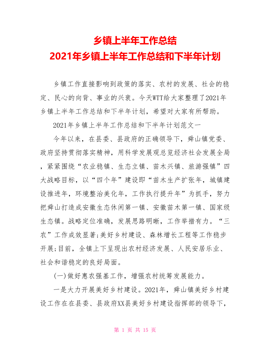 乡镇上半年工作总结 2021年乡镇上半年工作总结和下半年计划.doc_第1页