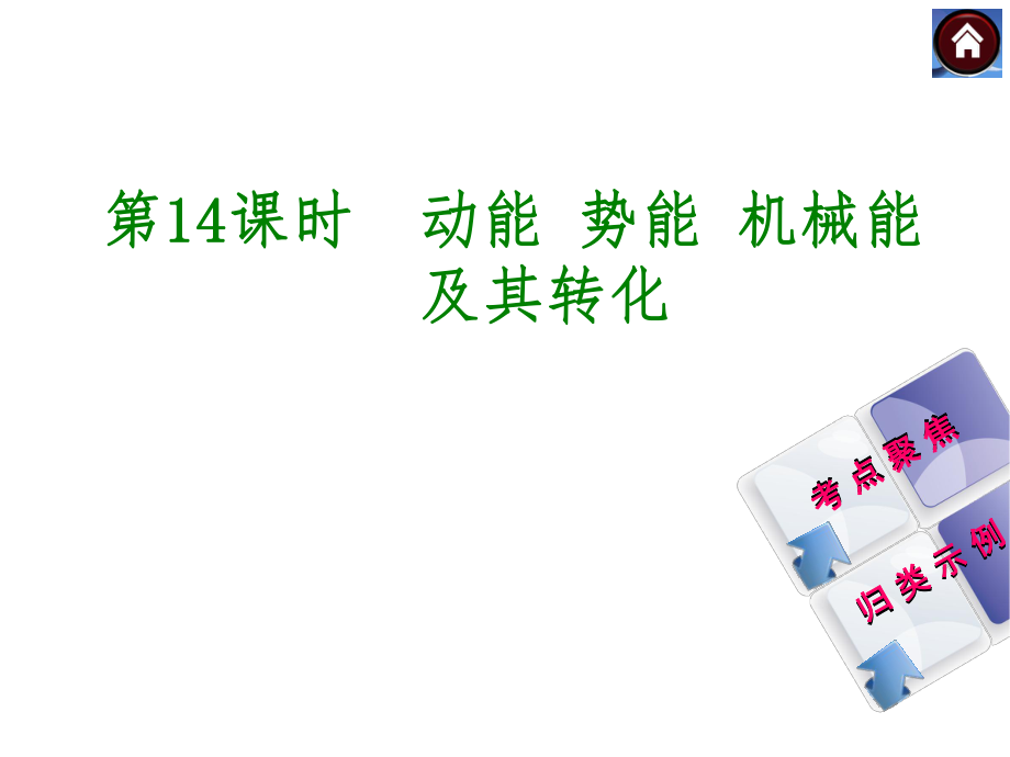 【2015中考复习方案】（人教版）物理中考总复习课件（考点聚焦+归类示例）：第14课时　动能+势能+机械能及其转化（共21张PPT）.ppt_第1页