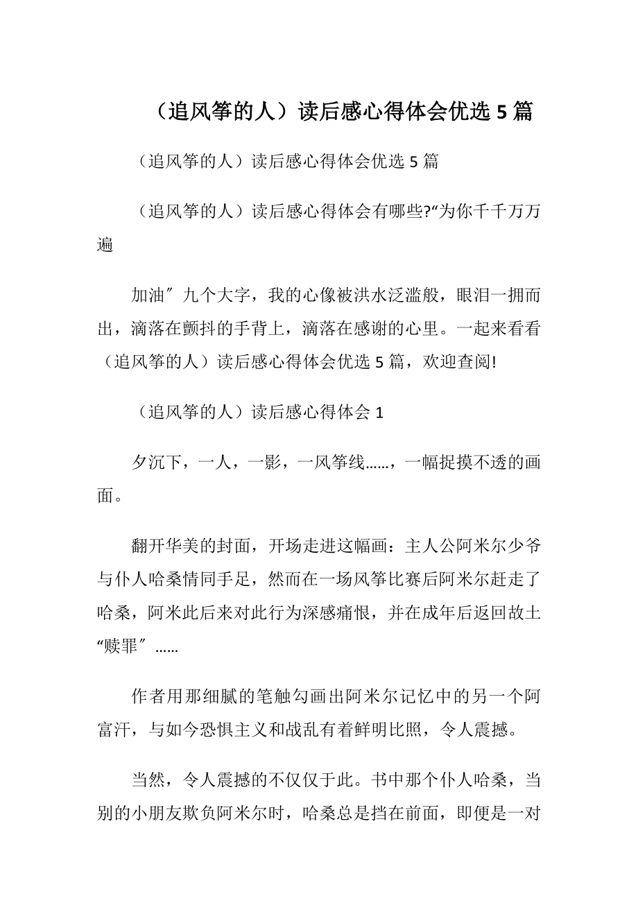 （追风筝的人）读后感心得体会优选5篇.docx_第1页