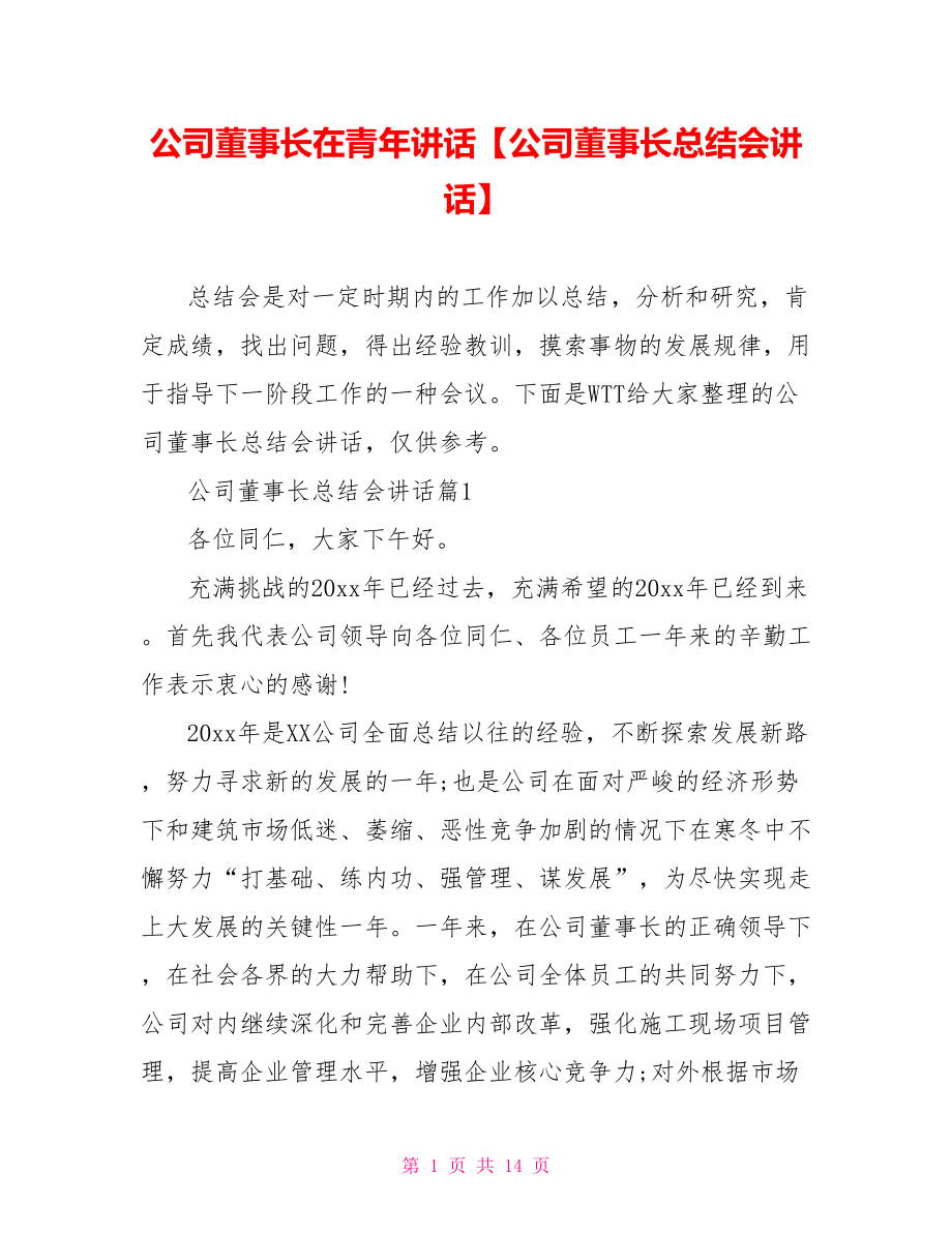 公司董事长在青年讲话【公司董事长总结会讲话】.doc_第1页