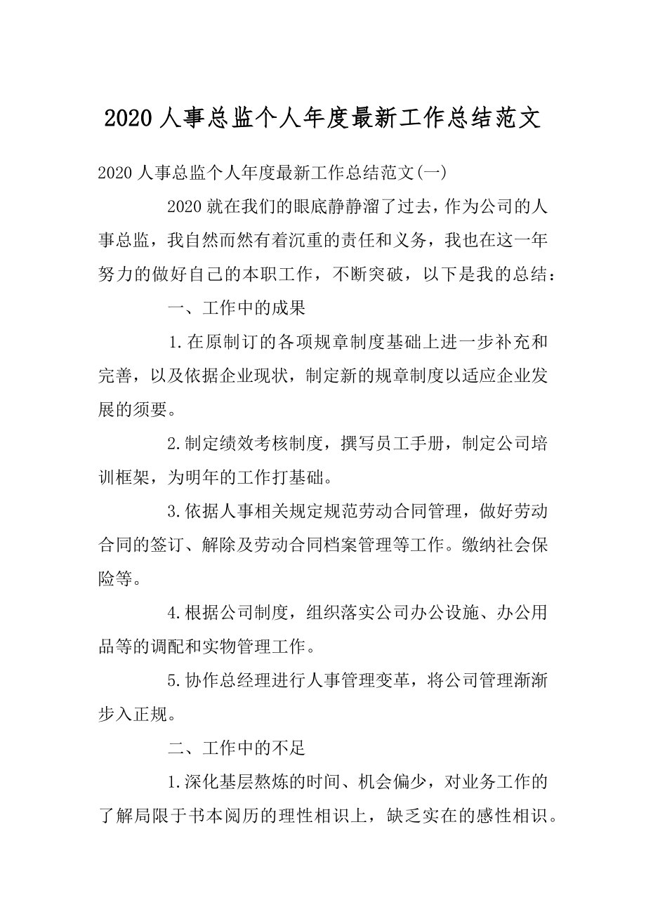 2020人事总监个人年度最新工作总结范文汇编.docx_第1页