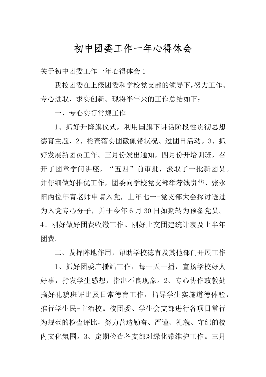 初中团委工作一年心得体会范例.docx_第1页