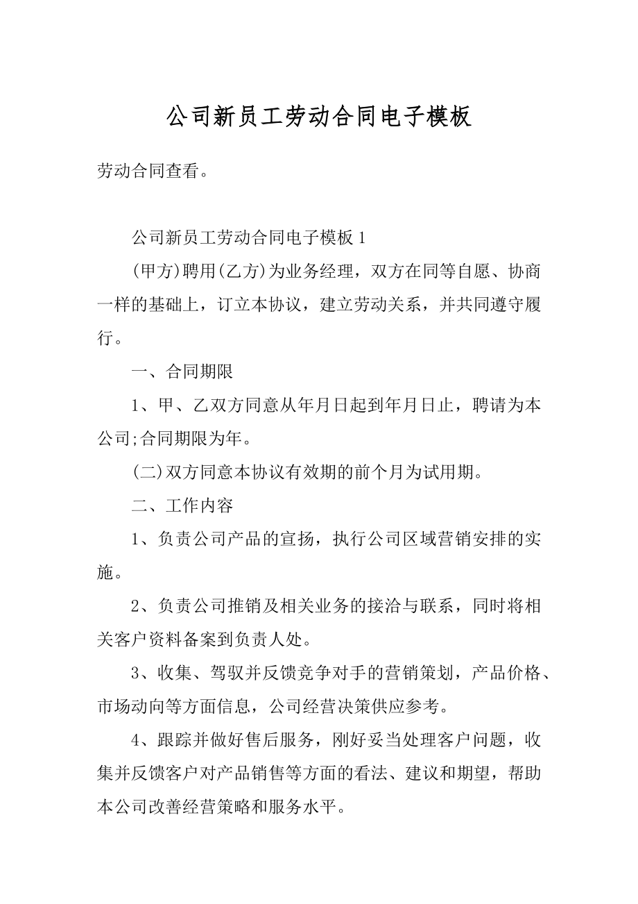 公司新员工劳动合同电子模板范本.docx_第1页