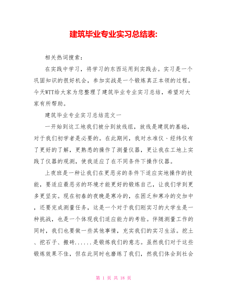 建筑毕业专业实习总结表-.doc_第1页