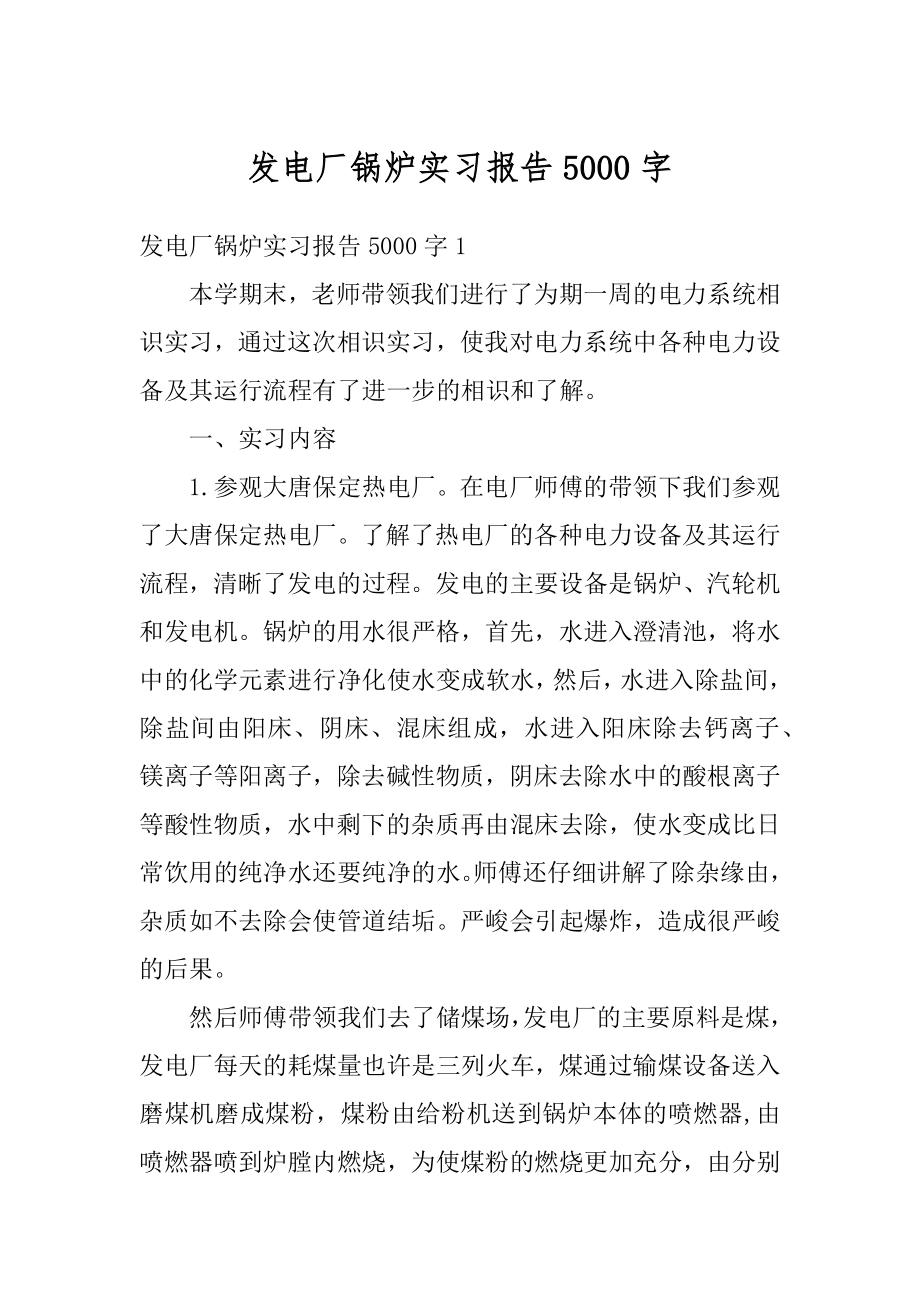 发电厂锅炉实习报告5000字例文.docx_第1页